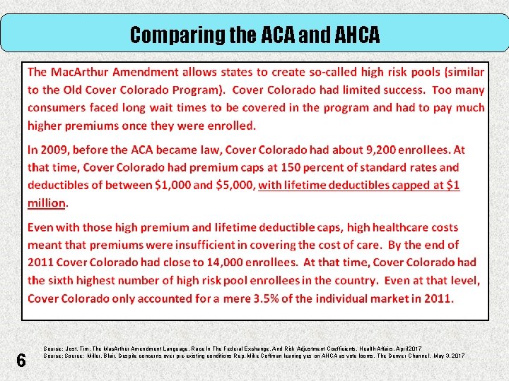 Comparing the ACA and AHCA 6 Source: Jost, Tim, The Mac. Arthur Amendment Language,
