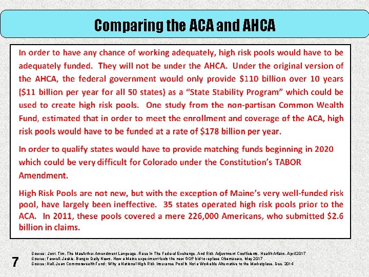 Comparing the ACA and AHCA 7 Source: Jost, Tim, The Mac. Arthur Amendment Language,