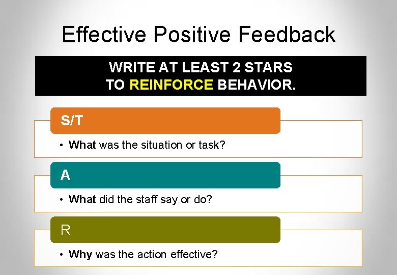 Effective Positive Feedback WRITE AT LEAST 2 STARS TO REINFORCE BEHAVIOR. S/T • What