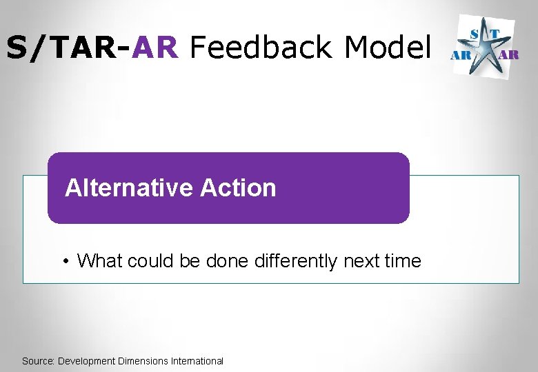S/TAR-AR Feedback Model Alternative Action • What could be done differently next time Source: