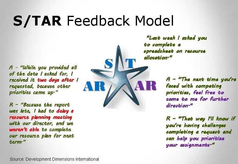 S/TAR Feedback Model "Last week I asked you to complete a spreadsheet on resource