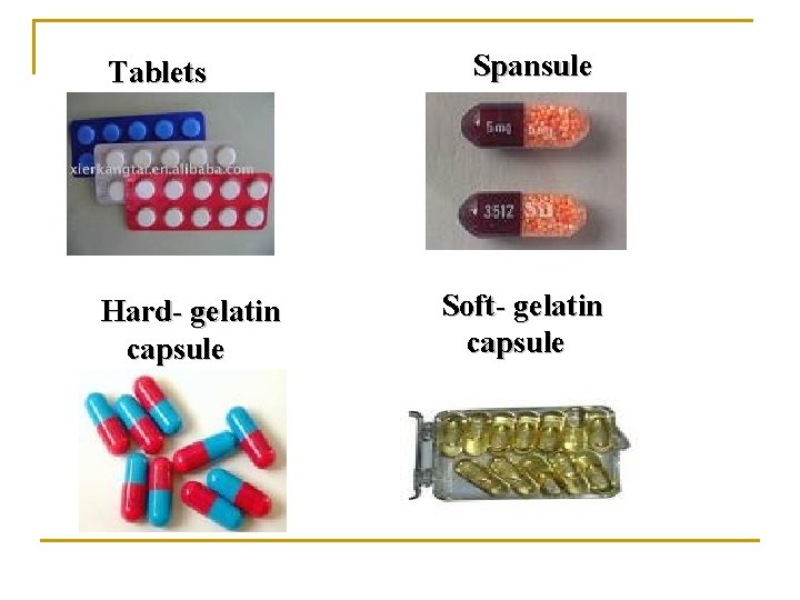 Tablets Hard- gelatin capsule Spansule Soft- gelatin capsule 