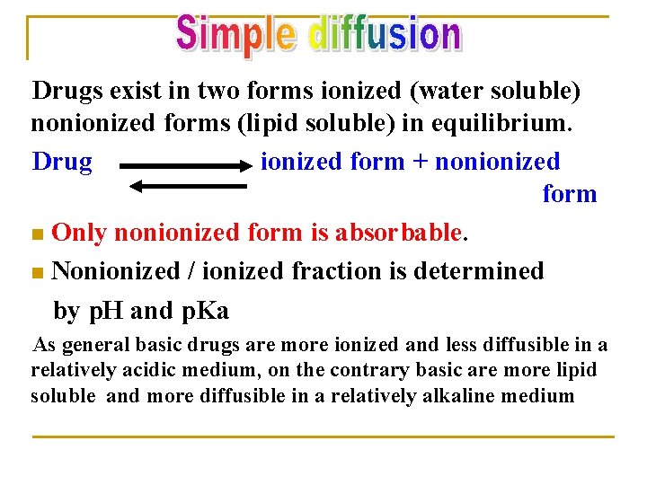 Drugs exist in two forms ionized (water soluble) nonionized forms (lipid soluble) in equilibrium.