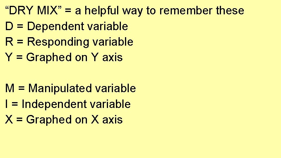 “DRY MIX” = a helpful way to remember these D = Dependent variable R “DRY MIX” = a helpful way to remember these D = Dependent variable R