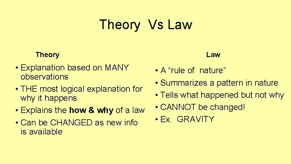 Theory Vs Law Theory • Explanation based on MANY observations • THE most logical Theory Vs Law Theory • Explanation based on MANY observations • THE most logical