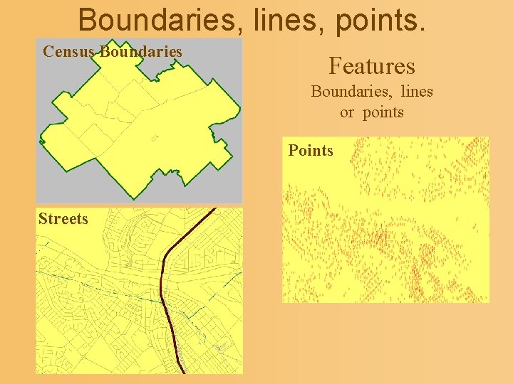 Boundaries, lines, points. Census Boundaries Features Boundaries, lines or points Points Streets 