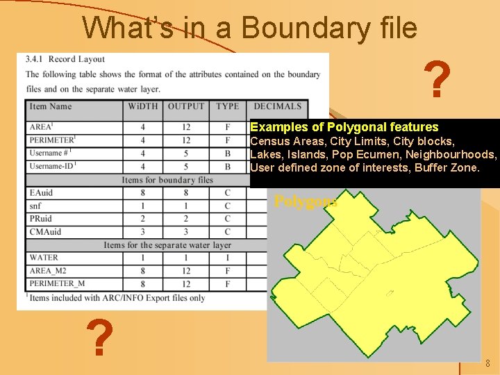 What’s in a Boundary file ? Examples of Polygonal features Census Areas, City Limits,