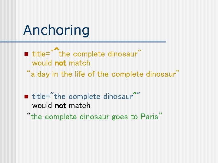 Anchoring title="^the complete dinosaur" would not match “a day in the life of the