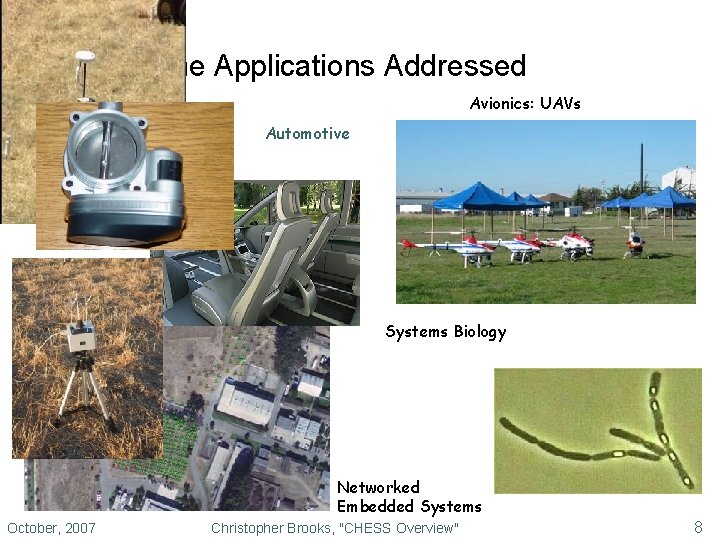 Some Applications Addressed Avionics: UAVs Automotive Systems Biology Networked Embedded Systems October, 2007 Christopher