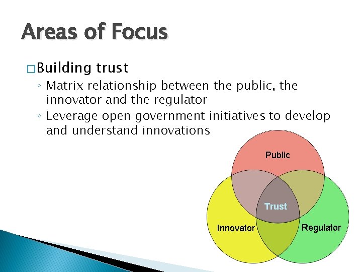 Areas of Focus � Building trust ◦ Matrix relationship between the public, the innovator