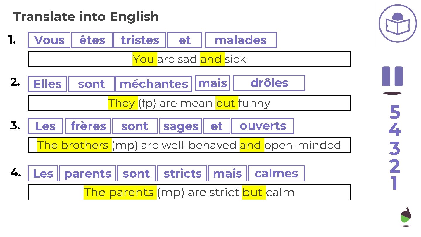 Translate into English 1. Vous êtes tristes et malades You are sad and sick