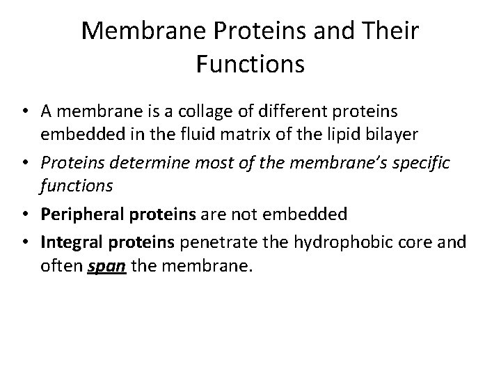 Membrane Proteins and Their Functions • A membrane is a collage of different proteins