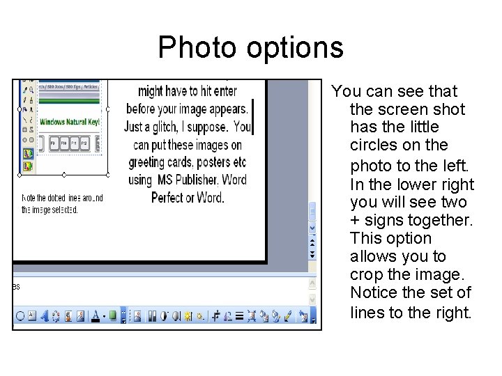 Photo options You can see that the screen shot has the little circles on