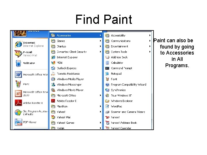 Find Paint can also be found by going to Accessories in All Programs. 