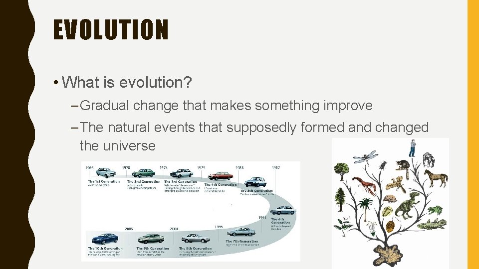 EVOLUTION • What is evolution? – Gradual change that makes something improve – The EVOLUTION • What is evolution? – Gradual change that makes something improve – The