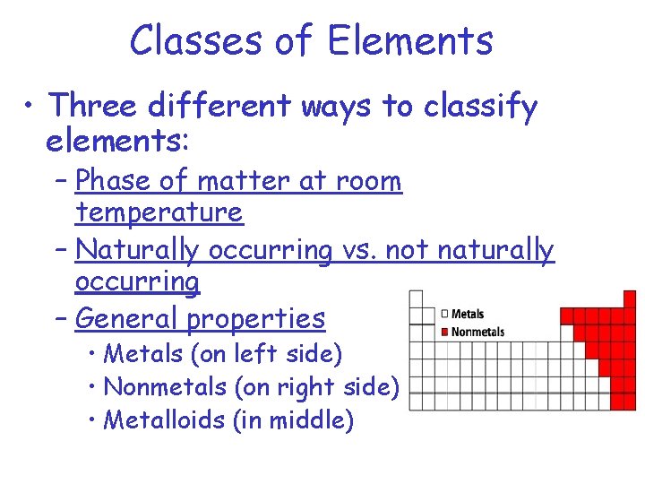 Classes of Elements • Three different ways to classify elements: – Phase of matter