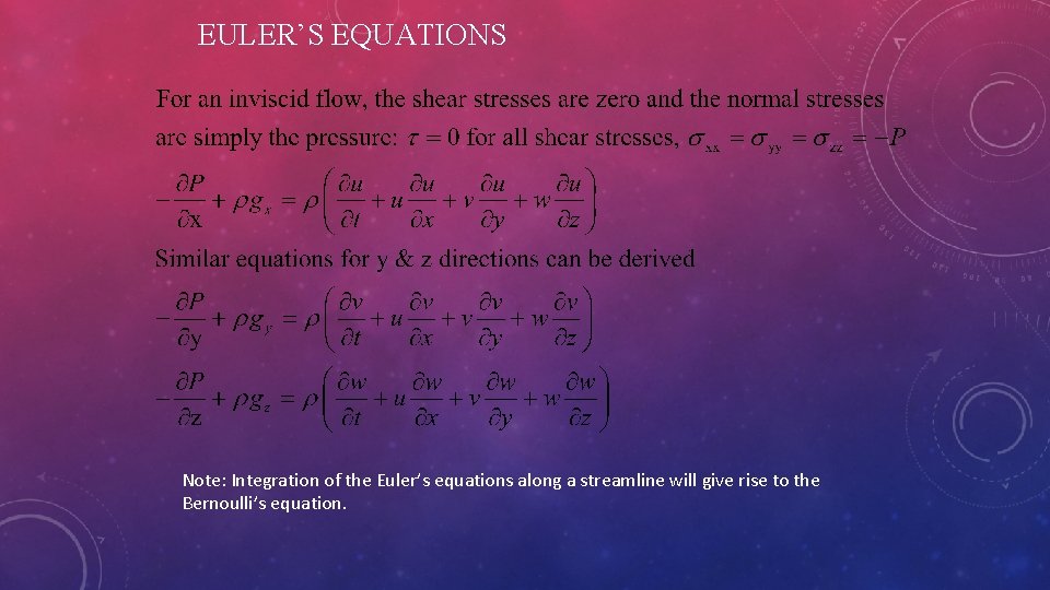 EULER’S EQUATIONS Note: Integration of the Euler’s equations along a streamline will give rise