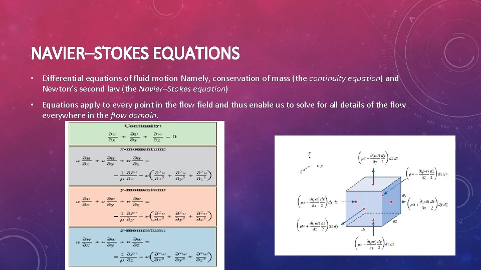 NAVIER–STOKES EQUATIONS • Differential equations of fluid motion Namely, conservation of mass (the continuity