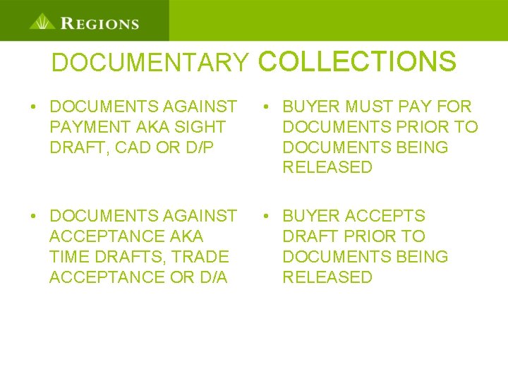 DOCUMENTARY COLLECTIONS • DOCUMENTS AGAINST PAYMENT AKA SIGHT DRAFT, CAD OR D/P • BUYER