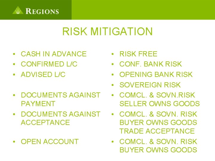 RISK MITIGATION • CASH IN ADVANCE • CONFIRMED L/C • ADVISED L/C • DOCUMENTS