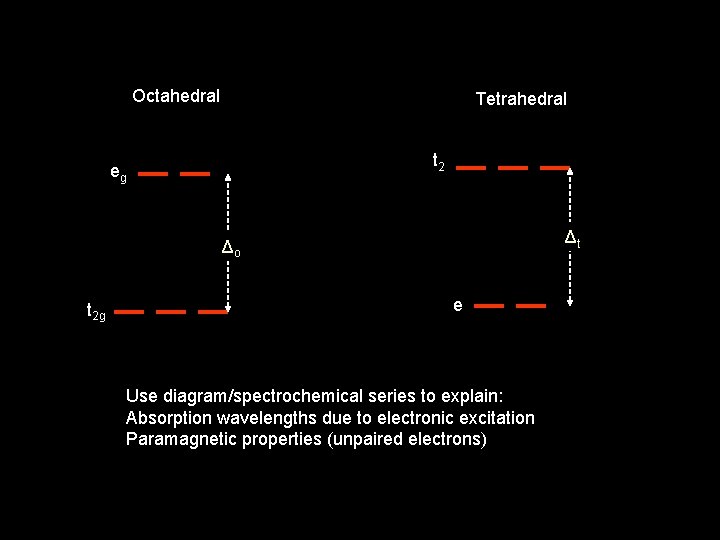 Octahedral Tetrahedral t 2 eg Δt Δo t 2 g e Use diagram/spectrochemical series