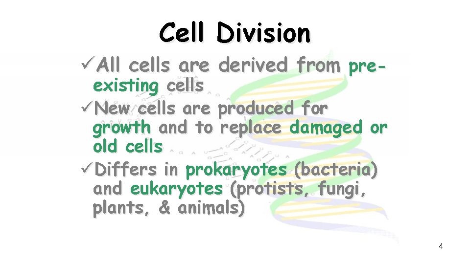 Cell Division üAll cells are derived from pre- existing cells üNew cells are produced