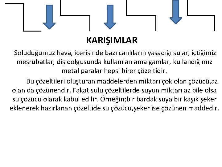 KARIŞIMLAR Soluduğumuz hava, içerisinde bazı canlıların yaşadığı sular, içtiğimiz meşrubatlar, diş dolgusunda kullanılan amalgamlar,