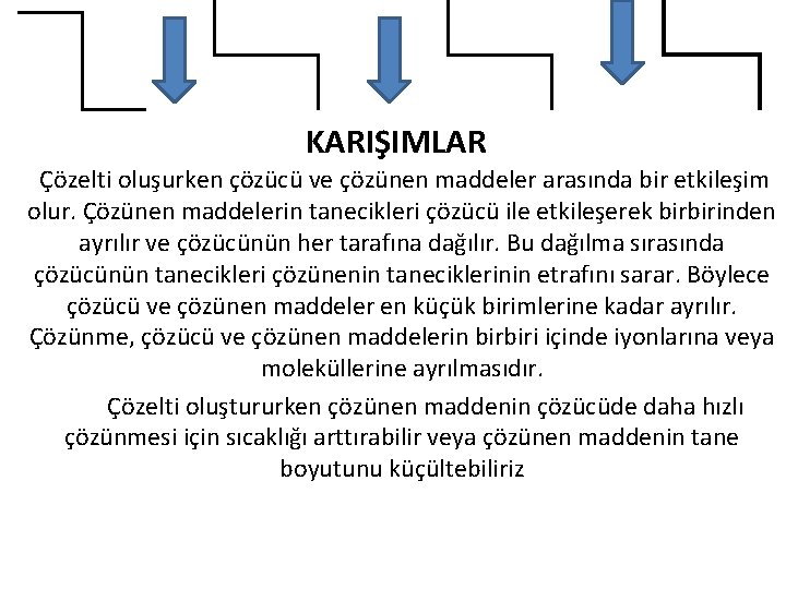 KARIŞIMLAR Çözelti oluşurken çözücü ve çözünen maddeler arasında bir etkileşim olur. Çözünen maddelerin tanecikleri