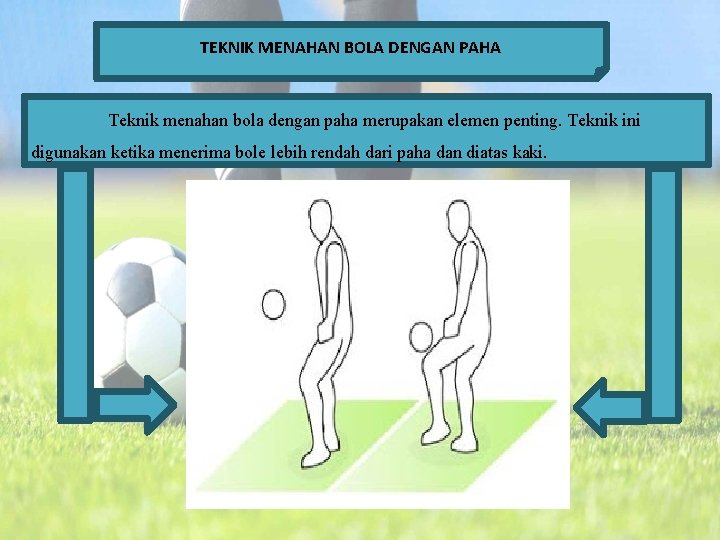 TEKNIK MENAHAN BOLA DENGAN PAHA Teknik menahan bola dengan paha merupakan elemen penting. Teknik