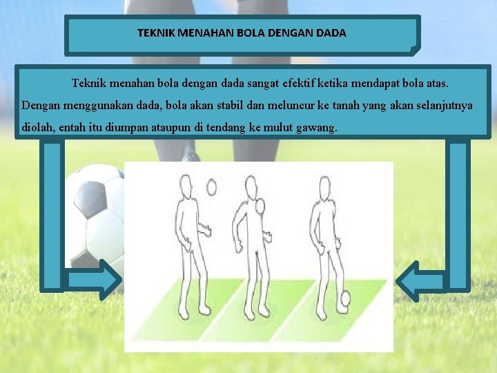 TEKNIK MENAHAN BOLA DENGAN DADA Teknik menahan bola dengan dada sangat efektif ketika mendapat
