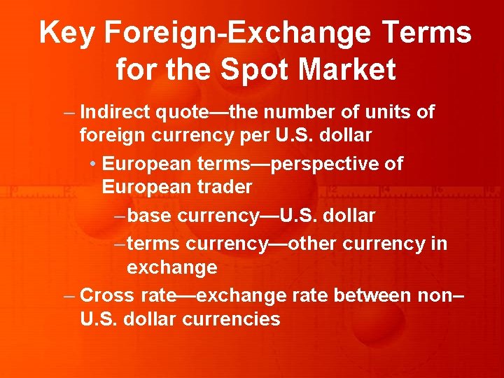 Key Foreign-Exchange Terms for the Spot Market – Indirect quote—the number of units of Key Foreign-Exchange Terms for the Spot Market – Indirect quote—the number of units of