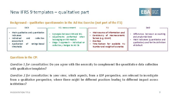 New IFRS 9 templates – qualitative part Background – qualitative questionnaire in the Ad
