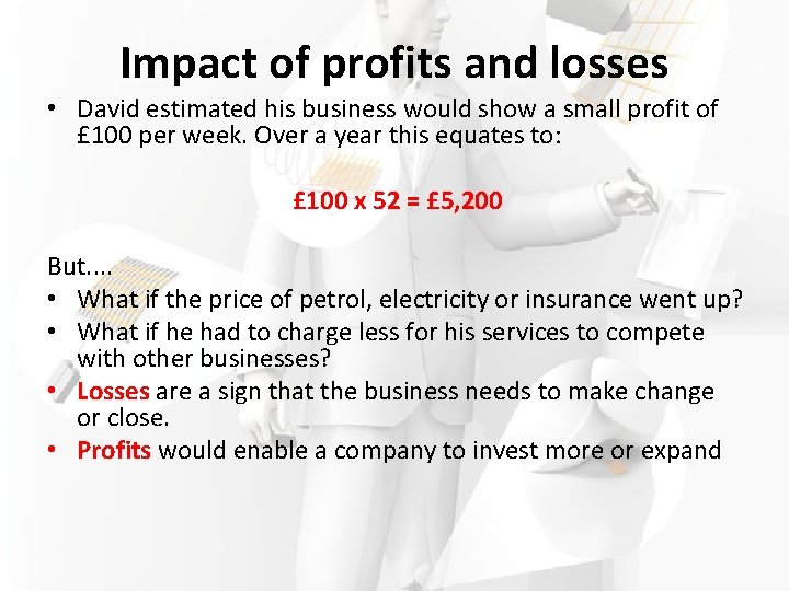 Impact of profits and losses • David estimated his business would show a small