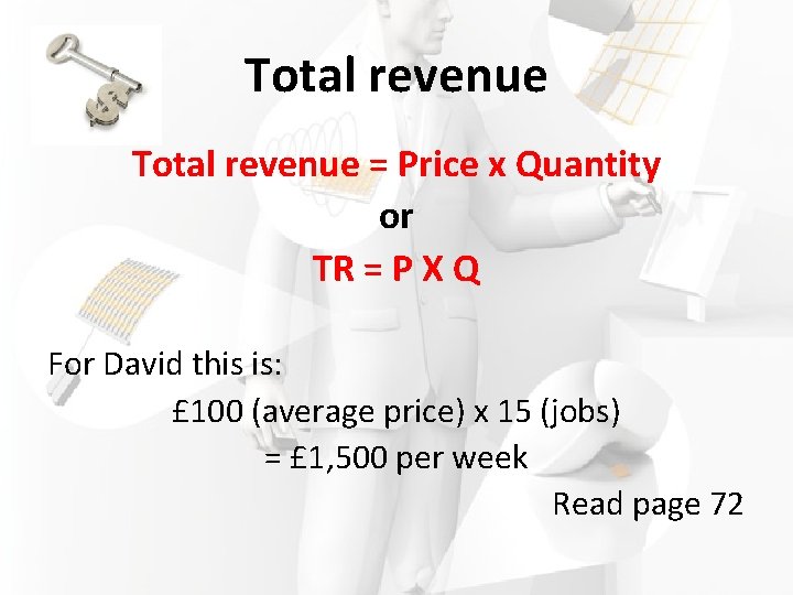 Total revenue = Price x Quantity or TR = P X Q For David