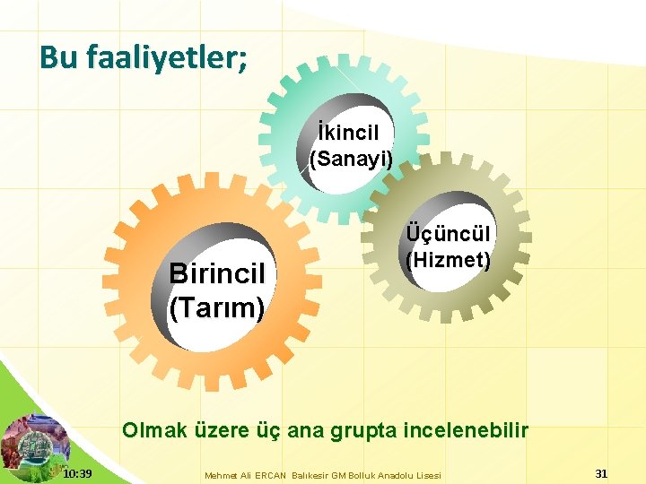 Bu faaliyetler; İkincil (Sanayi) Birincil (Tarım) Üçüncül (Hizmet) Olmak üzere üç ana grupta incelenebilir