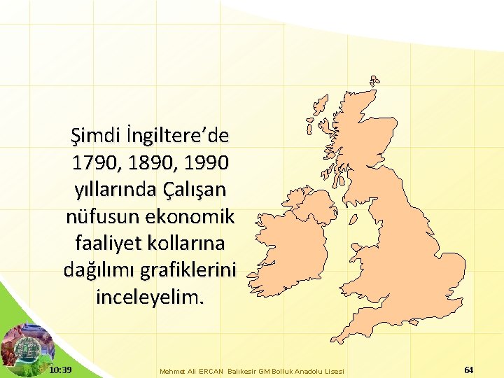 Şimdi İngiltere’de 1790, 1890, 1990 yıllarında Çalışan nüfusun ekonomik faaliyet kollarına dağılımı grafiklerini inceleyelim.