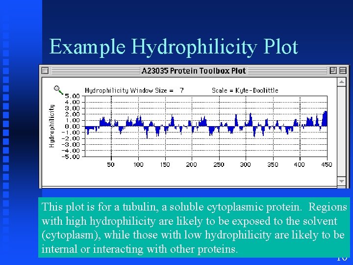 Example Hydrophilicity Plot This plot is for a tubulin, a soluble cytoplasmic protein. Regions