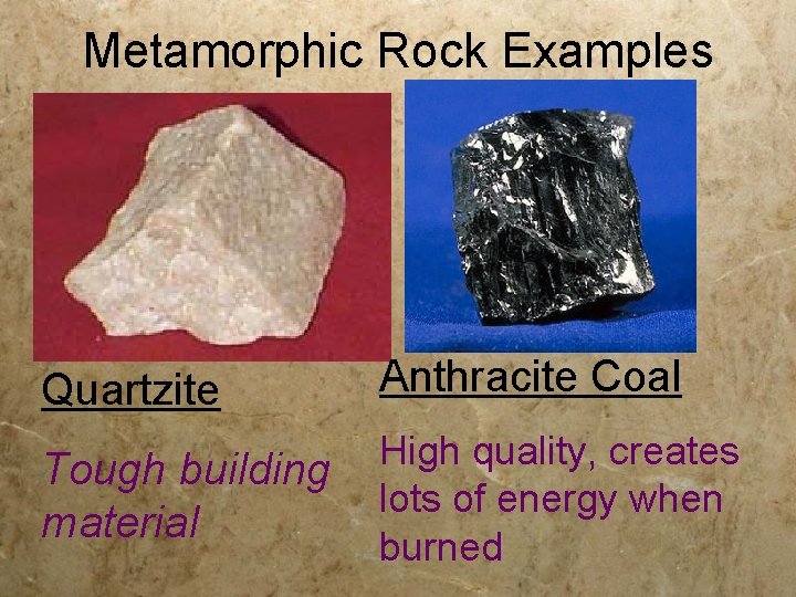 Metamorphic Rock Examples Quartzite Anthracite Coal Tough building material High quality, creates lots of