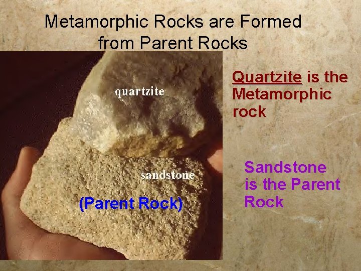 Metamorphic Rocks are Formed from Parent Rocks Quartzite is the Metamorphic rock (Parent Rock)