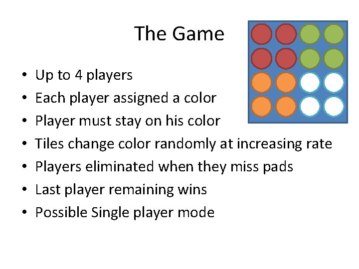 The Game • • Up to 4 players Each player assigned a color Player