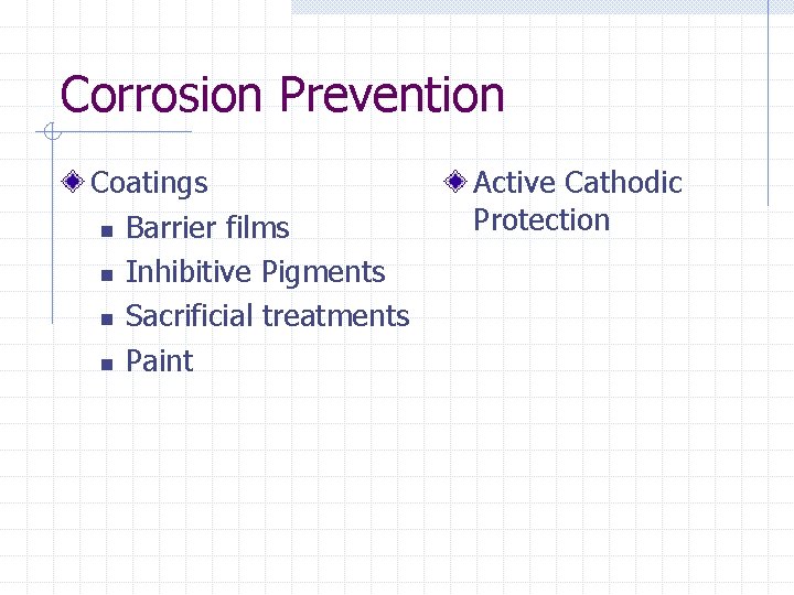 Corrosion Prevention Coatings n Barrier films n Inhibitive Pigments n Sacrificial treatments n Paint