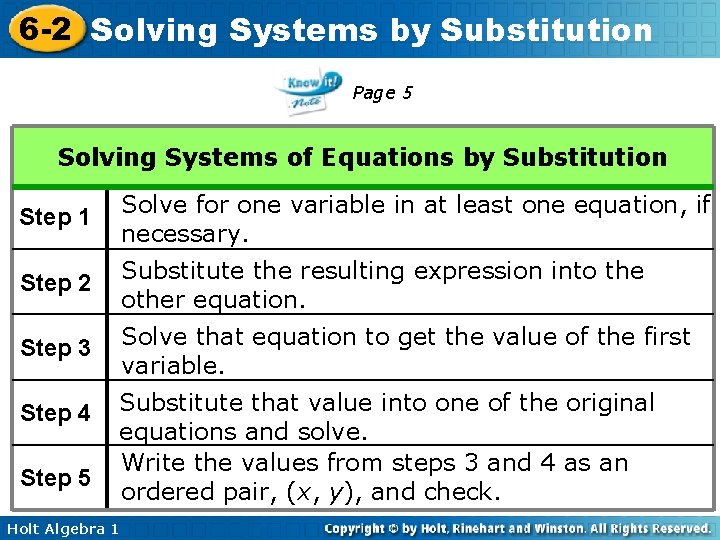 6 -2 Solving Systems by Substitution Page 5 Solving Systems of Equations by Substitution 6 -2 Solving Systems by Substitution Page 5 Solving Systems of Equations by Substitution