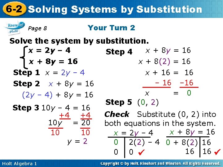 6 -2 Solving Systems by Substitution Page 8 Your Turn 2 Solve the system 6 -2 Solving Systems by Substitution Page 8 Your Turn 2 Solve the system