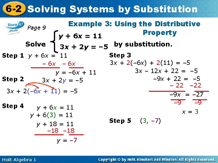 6 -2 Solving Systems by Substitution Page 9 Solve Example 3: Using the Distributive 6 -2 Solving Systems by Substitution Page 9 Solve Example 3: Using the Distributive