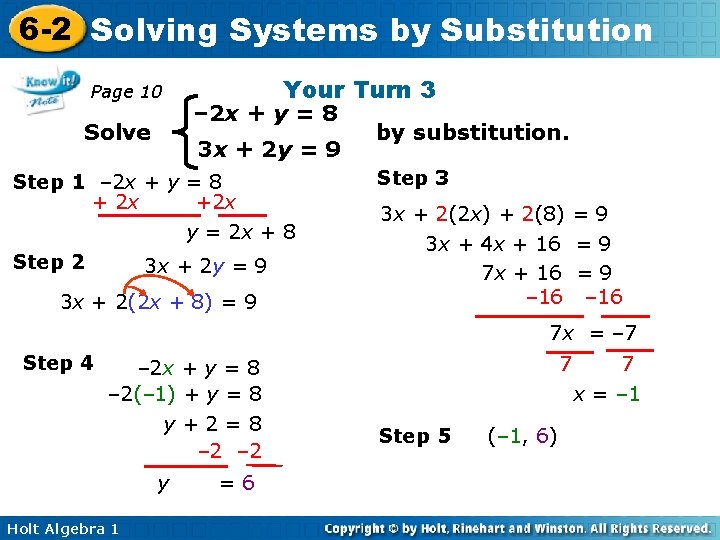 6 -2 Solving Systems by Substitution Page 10 Solve Your Turn 3 – 2 6 -2 Solving Systems by Substitution Page 10 Solve Your Turn 3 – 2