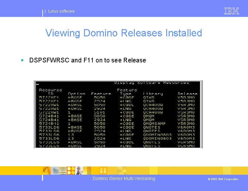 | Lotus software Viewing Domino Releases Installed § DSPSFWRSC and F 11 on to
