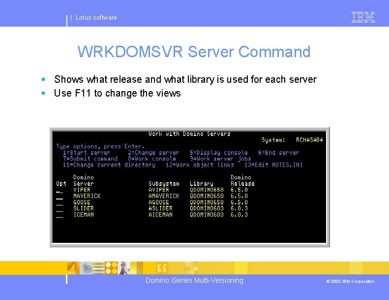 | Lotus software WRKDOMSVR Server Command § Shows what release and what library is