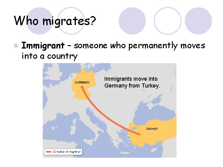 Who migrates? l Immigrant – someone who permanently moves into a country Immigrants move