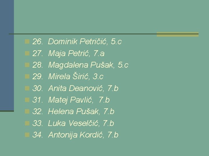 n 26. Dominik Petričić, 5. c n 27. Maja Petrić, 7. a n 28.