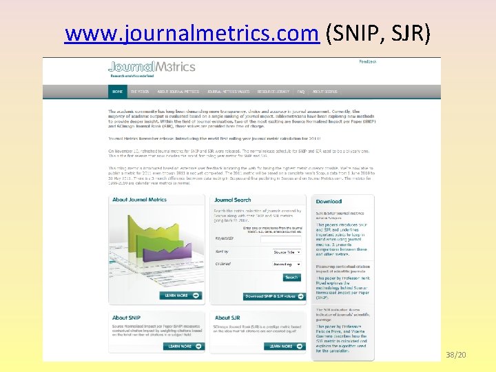 www. journalmetrics. com (SNIP, SJR) 38/20 